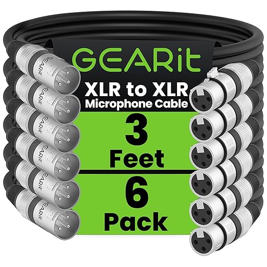 GEARit XLR Male to Female Microphone Cable (3 Feet, 6-Pack) 3-Pin Balanced Shielded Mixer, Recording Studio, Podcast - Black