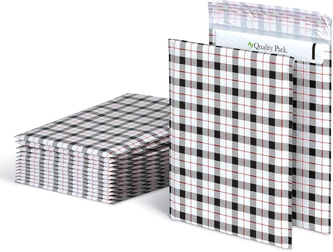 Quality Park Bubble Mailers, 8.25 x 11, Shipping Envelopes, Water Resistant Poly Padded Envelopes, Plaid, 25 Pack (QUA85872)