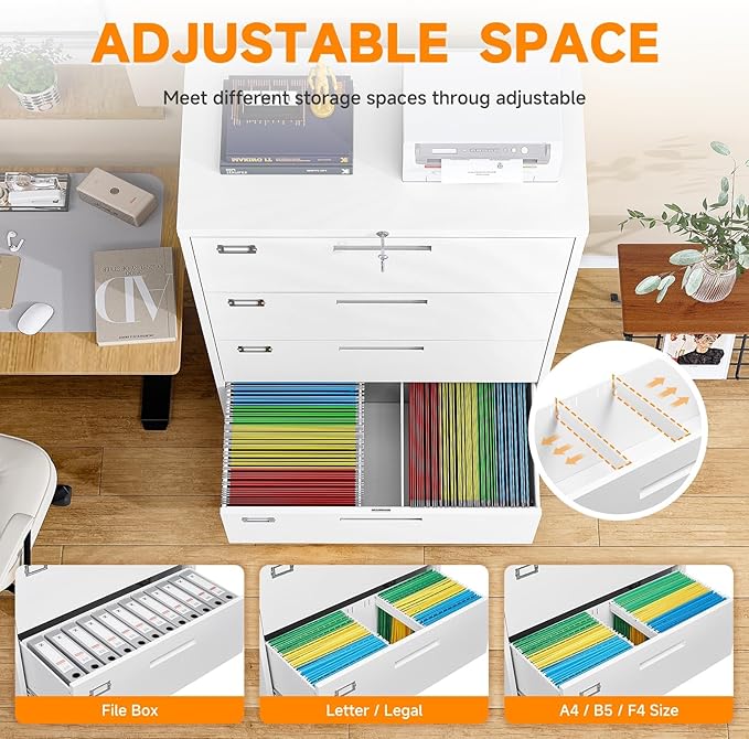 File Cabinet 4 Drawer, Lateral Filing Cabinet with Lock, Metal File Cabinets for Home Office, Office Cabinet for Hanging Files Letter/Legal/F4/A4, Assembly Required, White