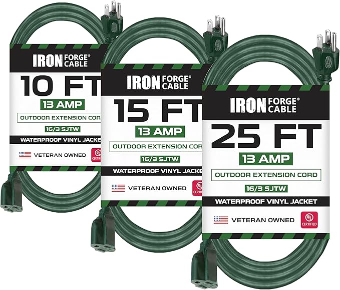 Iron Forge Cable Weatherproof Outdoor Extension Cord 3 Pack, 10 ft, 15 ft, and 25 ft - 16/3 SJTW 13 Amp Heavy Duty Green Extension Cord 3 Prong