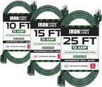 Iron Forge Cable Weatherproof Outdoor Extension Cord 3 Pack, 10 ft, 15 ft, and 25 ft - 16/3 SJTW 13 Amp Heavy Duty Green Extension Cord 3 Prong