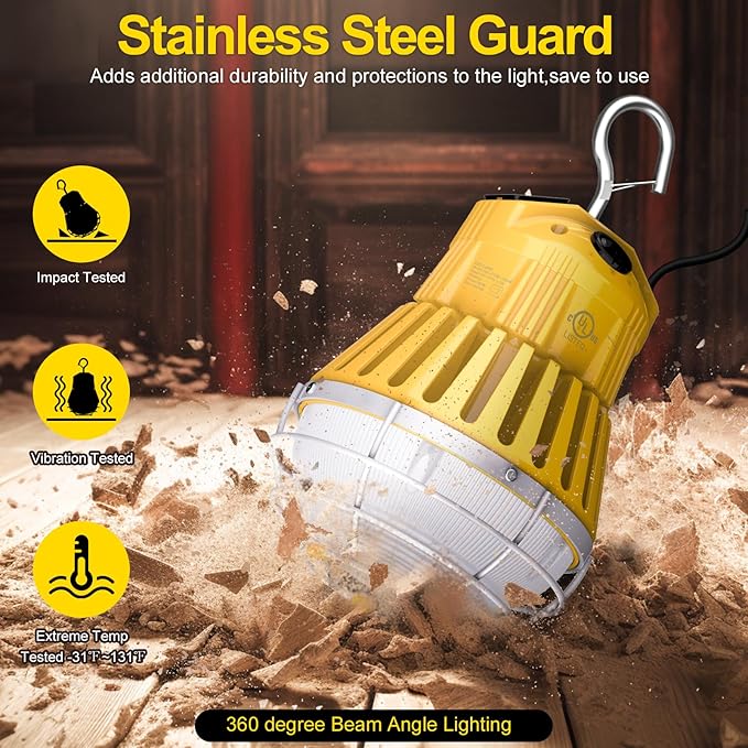 80W LED Temporary Work Light 12000LM 5000K Portable Work Lamp Fixture Daylight Construction Work Light Portable for Barn Garage Lighting, Temporary Plug in Work Lights Input 100~277VAC