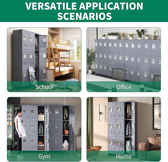 72" Tall Emplyee Locker with Shelves and Hooks 9 Doors Steel Sports Locker for Office Home Bedroom School Gym Garage, Metal Staff Locker Locking Storage Lockers Cabinet,Grey