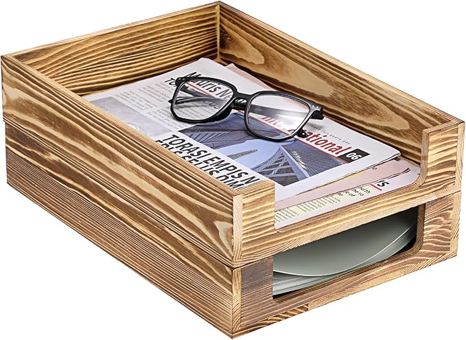 BTSKY 2PCS Vintage Wood Letter Tray with Anti-Slip Bars, Stackable A4 Paper Document File Organizer, Solid Wood Desktop Office Desk Storage Holder for Office and Home