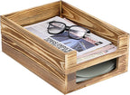 BTSKY 2PCS Vintage Wood Letter Tray with Anti-Slip Bars, Stackable A4 Paper Document File Organizer, Solid Wood Desktop Office Desk Storage Holder for Office and Home
