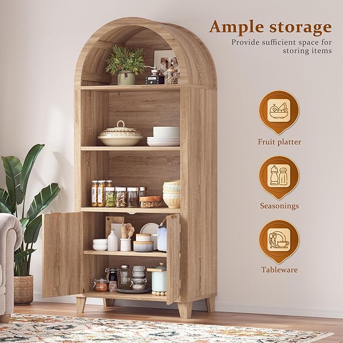 Arched Storage Cabinet, 5-Tier Pantry Cabinet with Fluted Doors, Arched Cabinet with Open & Adjustable Shelves, Versatile Cupboard for Dining Room, Living Room, Light Oak