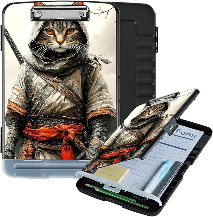 Clipboard with Storage Box & Pen Holder,Heavy Duty Clip Boards 8.5x11 for Nursing,High Capacity,School & Office Supplies,Samurai Cat