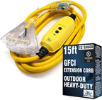 15 ft GFCI Extension Cord - Outdoor Extension Cord Waterproof - Heavy Duty Outdoor Extension Cords 15 ft with Multiple Outlets - Watts Wire - 15' Grounded - GFI Cord - extensiones electricas