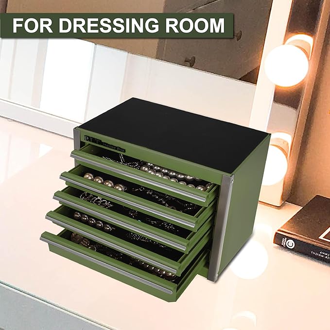 P.I.T. Mini Army Green Tool Box, Portable 5-Drawer Micro Roll Cab Steel Tool Box with Liner, Army Green Small Tool Case for Tools Storage, Home DIY
