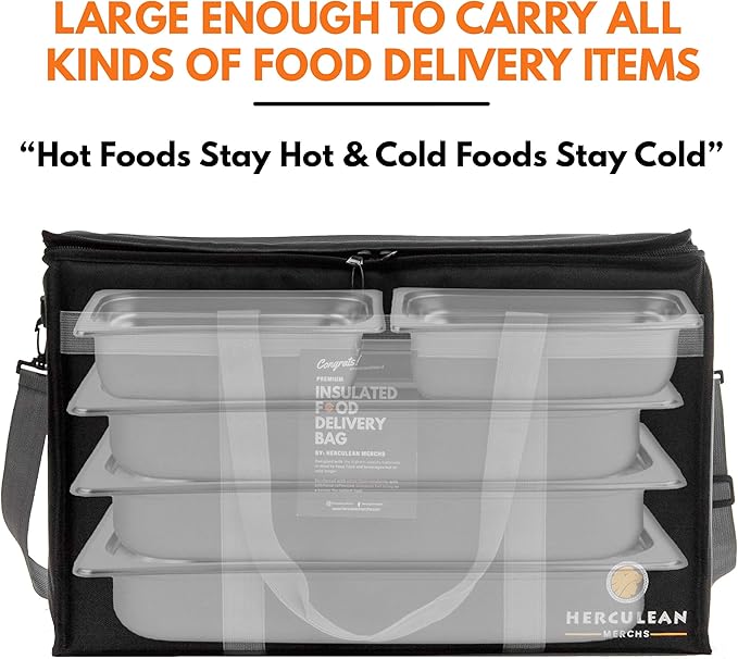 Herculean Premium Insulated Food Delivery Bag with YKK Zipper – Large Commercial Catering Bag for Food Transport – Hot and Cold Thermal Food Bag – Ultra Durable Hot Food Carriers for Takeaway Delivery