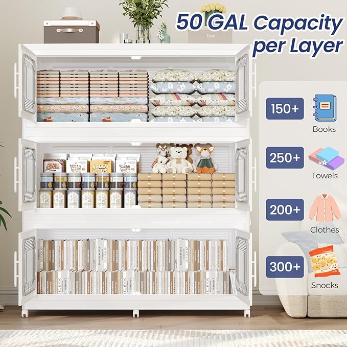 600QT Large Stackable Storage Bins with Lid, 150Gal Plastic Collapsible Closet Organizers Drawers Box with Wheels, Folding Cabinet Containers with Doors for Home Kitchen Office, 3Pack White