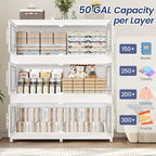 600QT Large Stackable Storage Bins with Lid, 150Gal Plastic Collapsible Closet Organizers Drawers Box with Wheels, Folding Cabinet Containers with Doors for Home Kitchen Office, 3Pack White