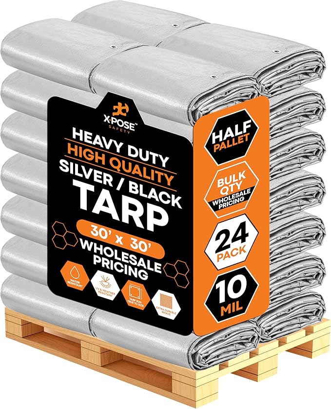 Heavy Duty Poly Tarp 30' x 30' - Bulk Half Pallet (24 Pack) Thick Waterproof, UV Blocking Protective Cover - Reversible Silver & Black - 10 Mil Thick Polyethylene - by Xpose Safety