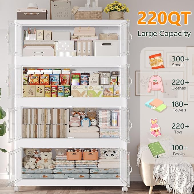 275Gal Stackable Storage Bins with Lid and Wheels, 1100QT Plastic Collapsible Storage Boxes with Doors, Closet Organizer and Storage Cabinet for Home Kitchen Office Dorm Room, 5Pack White