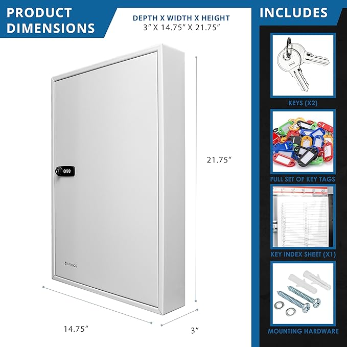 Barska 100 Position Combination Key Lock Box – Wall Mount Steel Key Cabinet with Adjustable Numbered Hooks, Index Log, Colored Tags for Office or Business