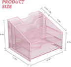 samstar Pink Desk File Organizer, Mesh Letter File Folder Holder with 3 Paper Trays and 2 Vertical Upright Section, for Office Supplies, Desk Accessories & Workspace, Pink