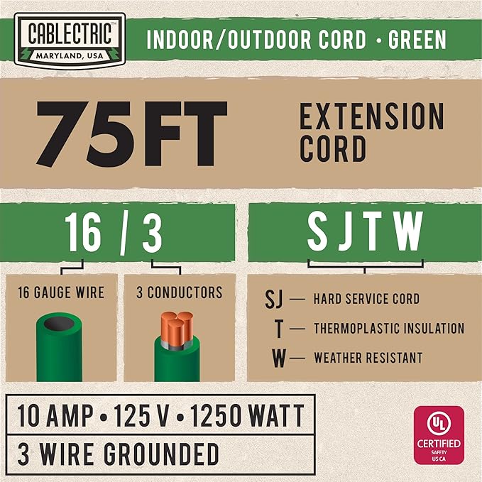 75 Foot Outdoor Extension Cord - 16/3 SJTW Green 16 Gauge Electrical Cable with 3 Prong Grounded Plug - Great for Powering Christmas Lights