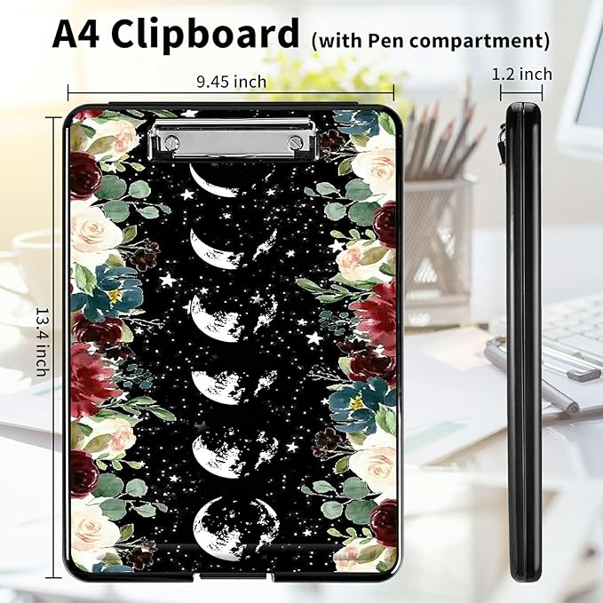 A4 Clipboards,Heavy Duty Waterproof Nursing Plastic Folder Clipboard with Storage Clip Boards,File Folder Storage Box Clipboard Case for Teacher,Doctor,Offices,Moon Wild Floral