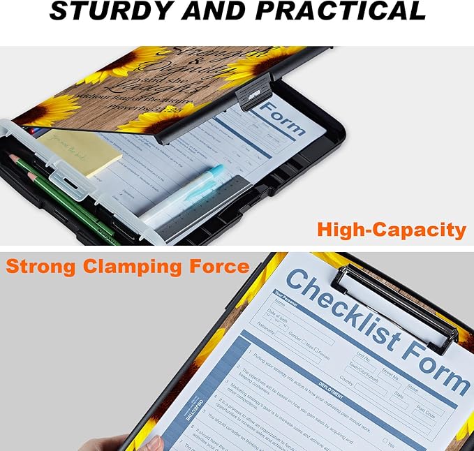 Clipboard with Storage Compartment, 8.5 x 11 Letter Size Side Opening Clip Board with Pen Holder, Hard Portable Clipboard Organizer for Nurse, Teacher, Contractor, Jobsite, Sunflower Bible