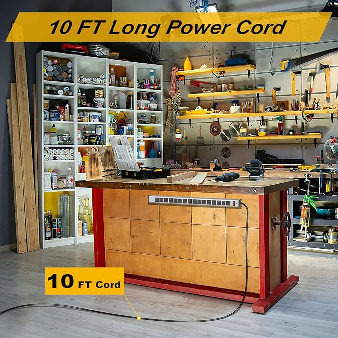 Long Surge Protector Power Strip,16 Outlet Heavy Duty Power Strip Metal Power Bar,10 FT Long Extension Cord with Circuit Breaker for Garage,Workshop,Industrial(125V/1875W, ETL Listed)