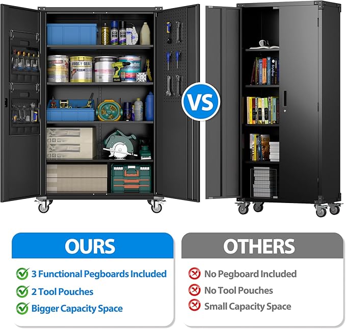 Aobabo Extra Large Garage Storage Cabinet on Wheels, Metal Storage Cabinet with 4 Shelves, 3 Pegboards and 2 Tool Pouches for Home Office Stash, Assembly Required, (Black,43.3''W x 21.9''D x 72''H)