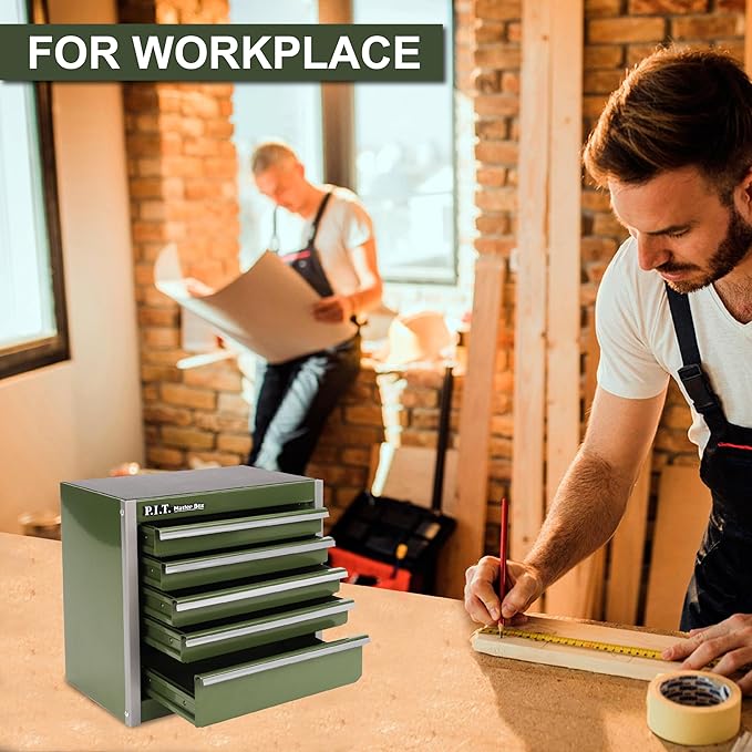P.I.T. Mini Army Green Tool Box, Portable 5-Drawer Micro Roll Cab Steel Tool Box with Liner, Army Green Small Tool Case for Tools Storage, Home DIY
