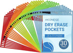AKONEGE 30 Pack Oversized Dry Erase Pocket Sleeves - 10 x 13 Inch Ticket Holders Reusable Clear Plastic Sleeves Sheet Page Protectors for School Teacher Supplies & Classroom Organization, 5 Colors