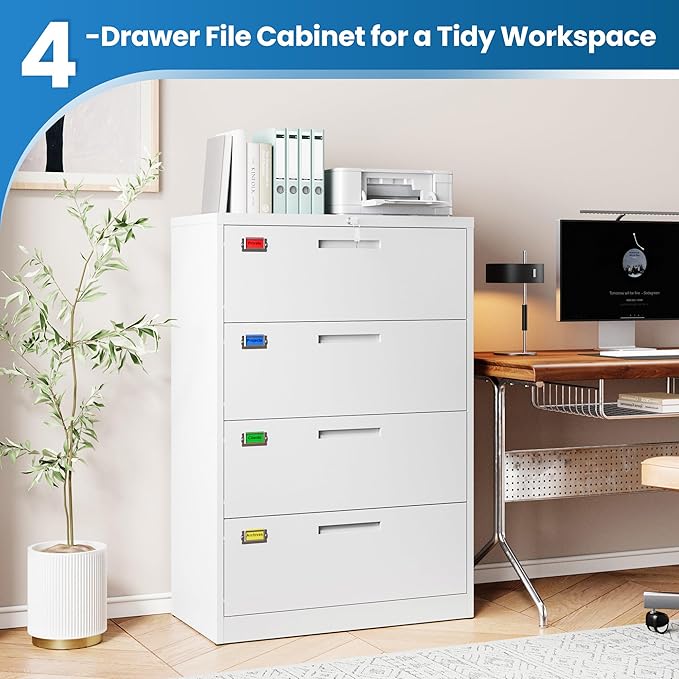 4 Drawer File Cabinet, Lateral Filing Cabinets for Home Office, Office Storage Drawers with Lock, Hanging Files Legal/Letter A4 Size (Assemble Required,White)
