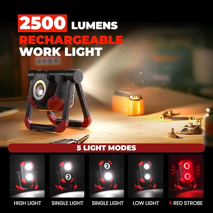 Yzoni LED Work Light Rechargeable, 2 COB 2500LM Folding Portable Flood Light with Magnetic Base and 360° Rotation Stand, Spotlights for Camping, Car Repairing, Emergency and Job Site Lighting