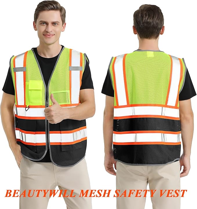 BeautyWill 5 Pack Custom Mesh Safety Vest Customized Logo Class2 High Visibility Reflective Vest with Pockets Construction workwear（Yellow Black，3XL ）