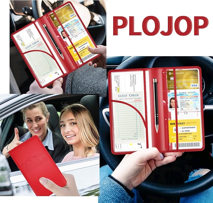 Car Registration and Insurance Card Holder, Leather License Document Red Glove Box Compartment Organizer, Car Wallet Case for Essential Info, License Cards, ID Card