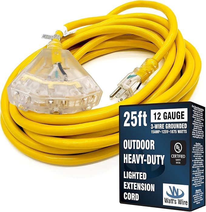 25 ft Outdoor Extension Cord Waterproof - 12 Gauge Heavy Duty Extension Cord 25 ft - Lighted Outdoor Extension Cords with Multiple Outlets - Watts Wire - 25' Grounded - extensiones electricas