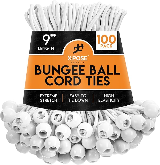 Xpose Safety Bungee Ball Cords 9" 100 Pack Heavy Duty White Stretch Rope with Ball Ties for Canopies, Tarps, Walls, Cable Organization
