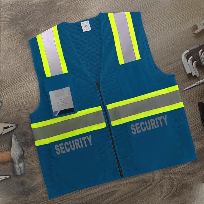 Security Vest for Men Women, Safety Vest with Pockets & Zipper, Neon Safety Work Wear with Reflective Strip, ANSI Compliant, Blue, 3XL