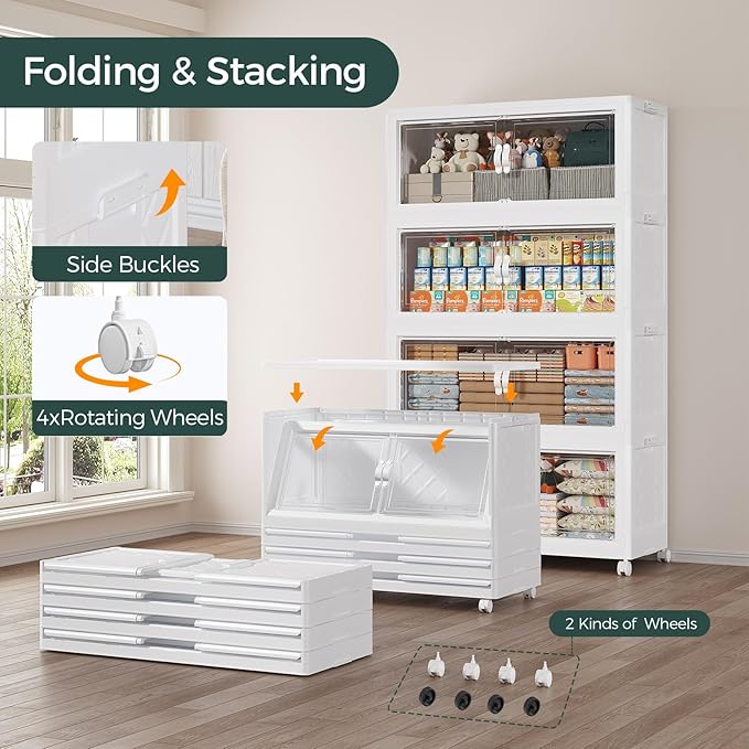 120Gal Stackable Storage Bins with Lid and Wheels, 480QT Plastic Collapsible Storage Boxes with Doors, Closet Organizer and Storage Cabinet for Home Kitchen Office Dorm Room, 4Pack White