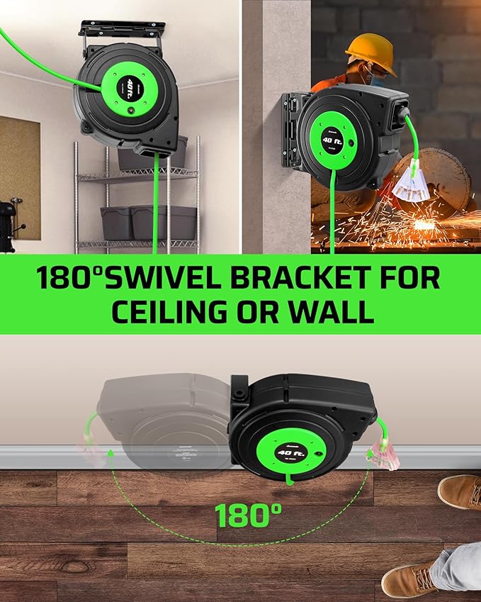 DEWENWILS Retractable Extension Cord Reel, 40 FT Heavy Duty Power Cord, 12/3C SJTOW Retractable Cord Reel, Lighted Triple Tap Outlets, 15A Circuit Breaker, Wall/Ceiling Mount, UL Listed, Green