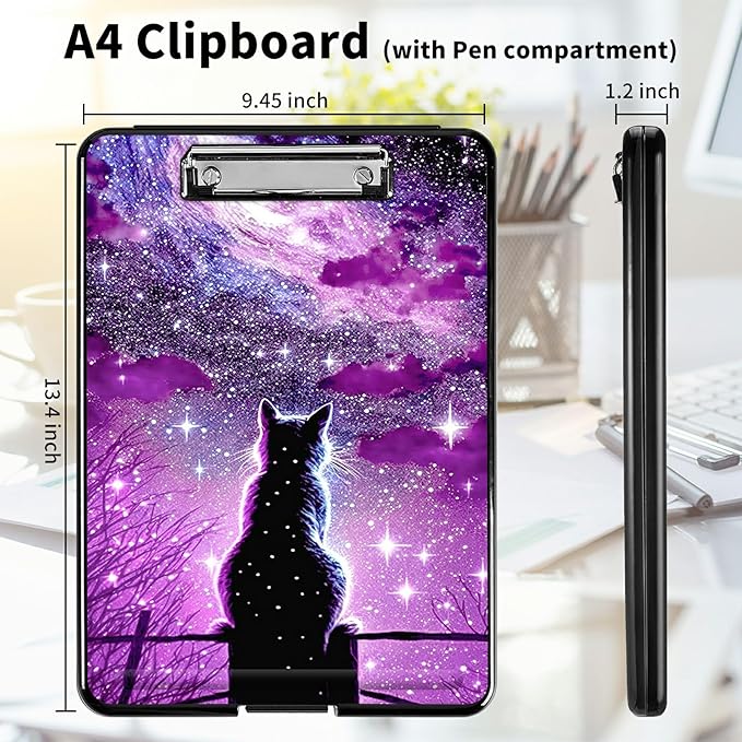A4 Clipboards,Heavy Duty Waterproof Nursing Plastic Folder Clipboard with Storage Clip Boards,File Folder Storage Box Clipboard Case for Teacher,Doctor,Offices,Hipster Cat Galaxy