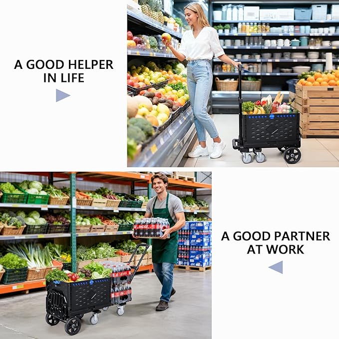 KEDSUM 4-in-1 Convertible Hand Truck Dolly with Folding Crate, 600LBS Heavy Duty Dolly Cart with Wheels, Adjustable Handle & Caster Wheels, Shopping Cart for Groceries, Packages, Collapsible