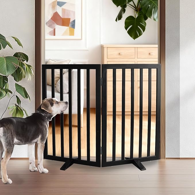 ZJSF Freestanding Indoor Dog Gate for House Foldable Wood Puppy Gate for Doorways Pet Gate for Stairs Extra Wide Pet Fence, Black, 32" Height 2 Panels