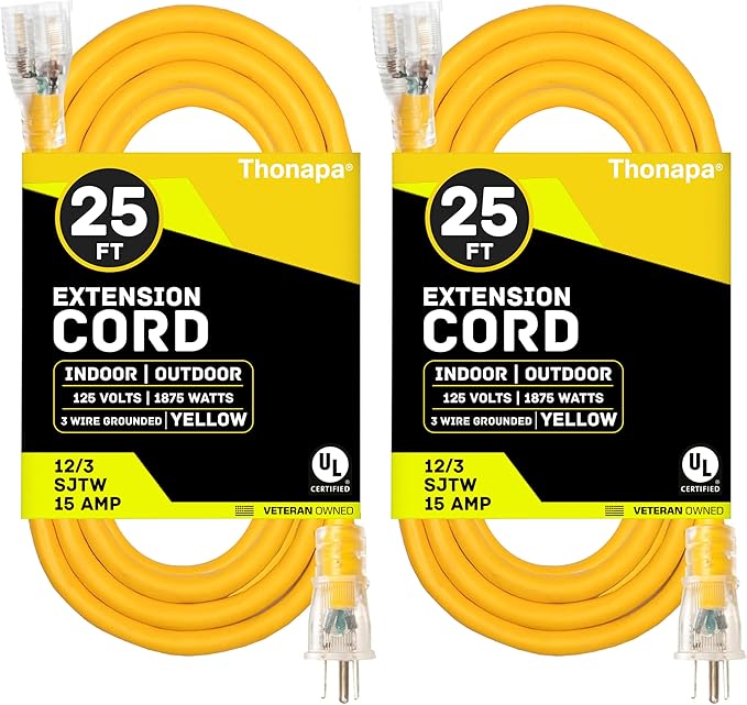 2 Pack Lighted Outdoor Extension Cord 25 ft - 12 Gauge 15 Amp Heavy Duty Power Extension Cords - SJTW - Great for Major Appliances, Power Tools, Garden Supplies - Yellow
