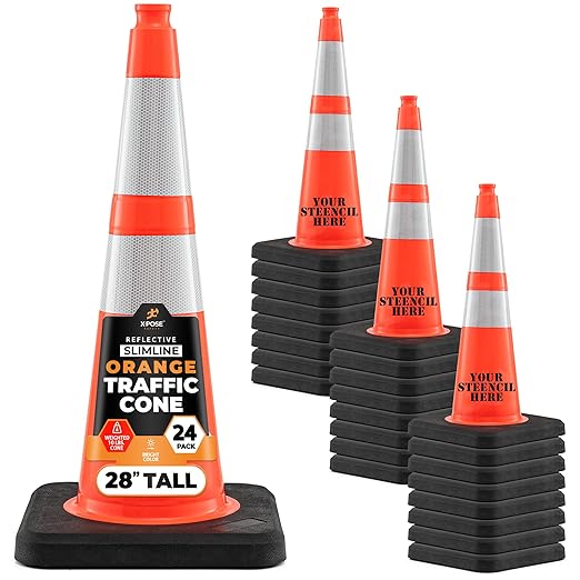 Xpose Safety 28 Inch Orange Slim Line Traffic Cones Heavy Duty 10lb with 6" & 4" Collars, 24 Pack Multipurpose PVC Plastic Safety Cone for Parking, Soccer, Caution, Kids & Construction - DOT Approved