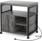 Unikito Rolling File Cabinet Lateral Office Filing Cabinets with Socket and USB Charging Port, Modern Printer Stand on Wheels Printer Cabinet with Door and Open Storage, Lockable, Black Oak