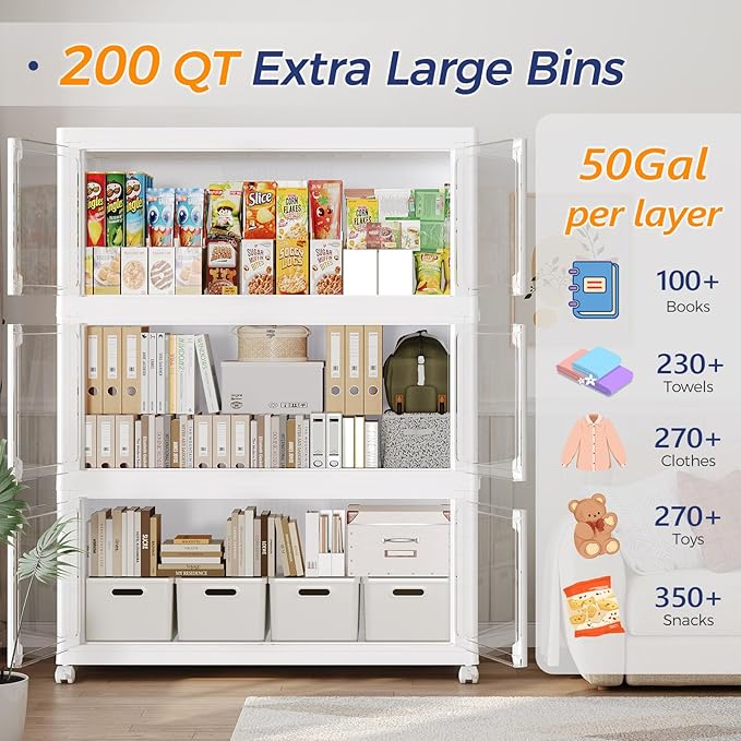 600Qt Large Stackable Storage Bins with Lid, 150Gal Plastic Closet Organizer and Storage Box with Wheels, Collapsible Storage Cabinet with Clear Door for Home Kitchen Office Dorm, 3Pack White