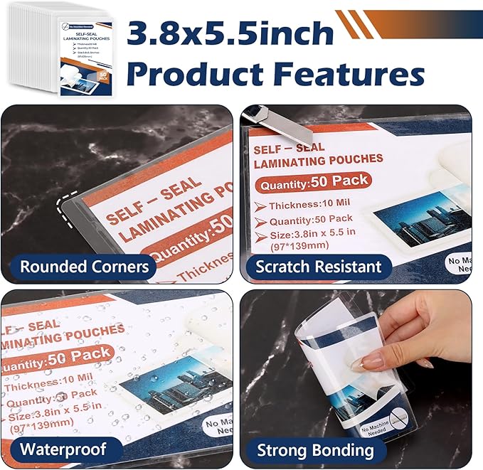 50 Pack 10 Mil 3"x5" Self Sealing Laminating Pouches Self Adhesive Lamination Pouches Clear Laminate Sheets for Photos Index Cards Office School(No Heat Laminating Sheets & No Laminator Machine Need)