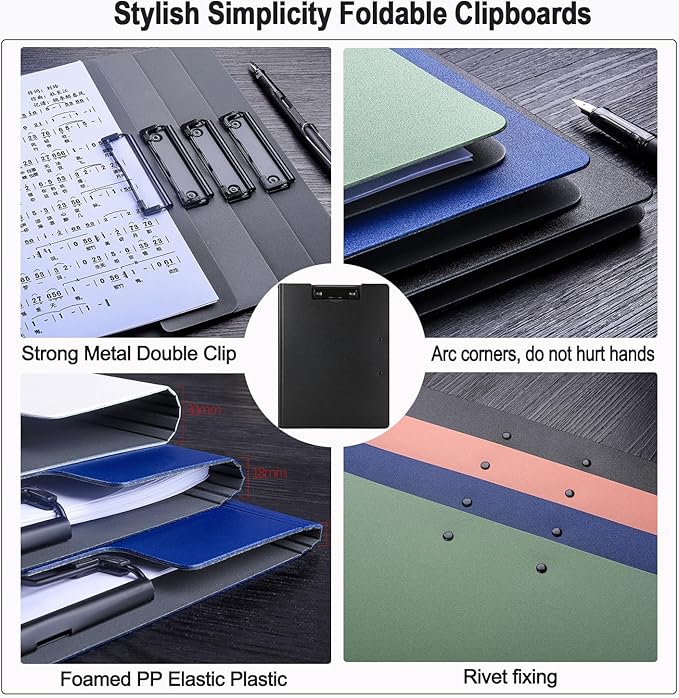 Clipboard Folder, A4 Foldable Clipboards, Office Clipboard Folder with Double Clips Metal Clip, 360 Degree Foldable Storage Clipboards for Office, School or Medical Field, Black