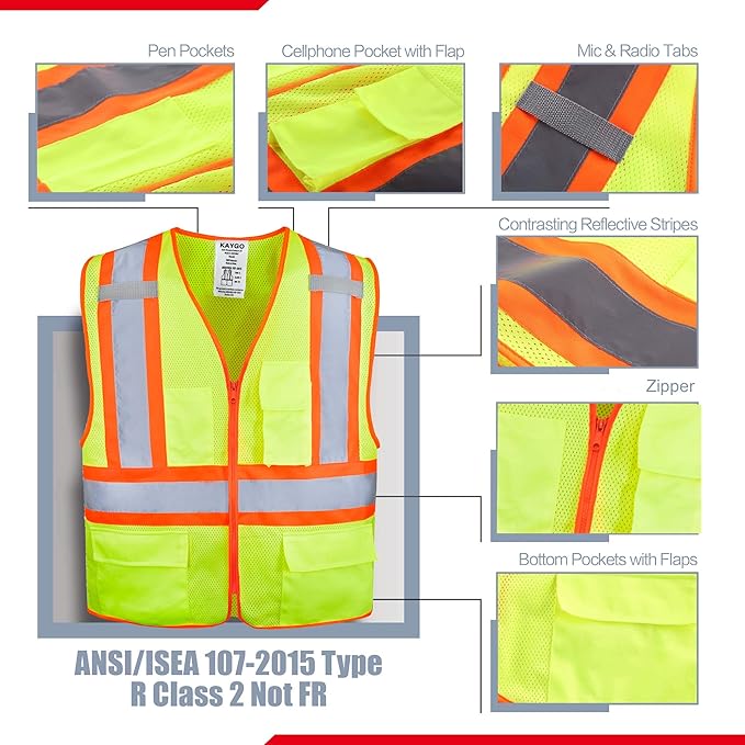 KAYGO Safety Vest with Pockets - High Visibility Reflective Vest ANSI Class 2 Construction Vest
