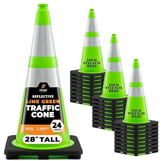 Xpose Safety 28” Lime Green Traffic Cone Dual 6" & 4" Reflective Collar – 24 Pack Multipurpose Premium PVC Safety Cone for Parking, Caution, Construction, Road Crews, Emergency Vehicle - DOT Approved