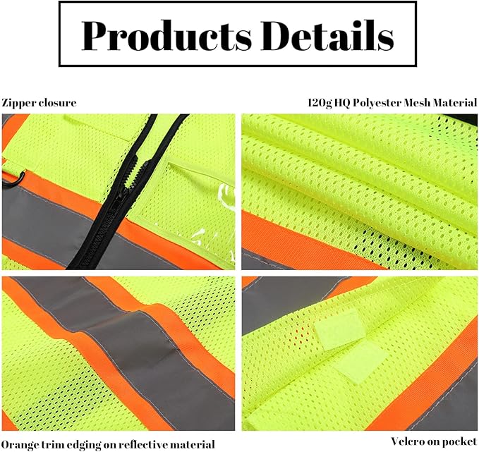 Safety Vest Reflective High Visibility with 5 Pockets ＆Zipper Class 2 Adult Unisex Construction Security Workwear