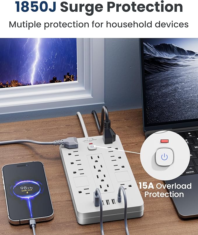 Surge Protector Power Strip-14 Outlets and 6 USB Ports, 10 Feet Flat Plug Extension Cord, 1850 Joules, White, ETL Listed for Home, Office, Dorm Room