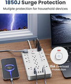 Surge Protector Power Strip-14 Outlets and 6 USB Ports, 10 Feet Flat Plug Extension Cord, 1850 Joules, White, ETL Listed for Home, Office, Dorm Room